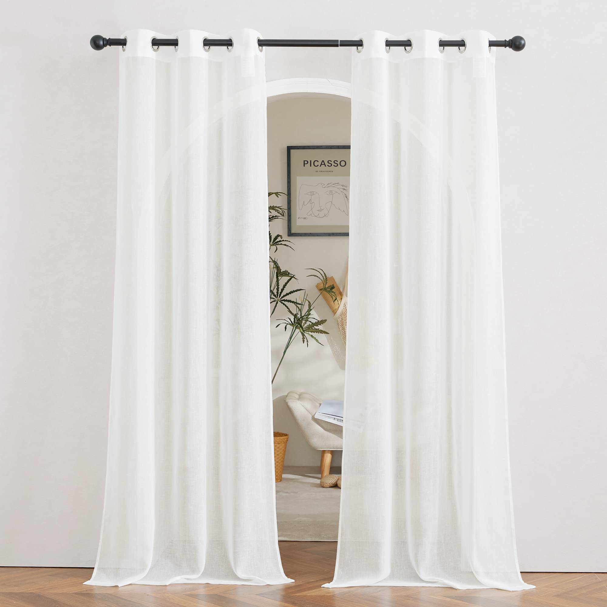 NICETOWN Semi Sheer Linen Curtains for Bedroom 84 inches Long, Grommet Privacy Vertical Farmhouse Window with Light Filtering for Living Room, Natural, W52 x L84, 2 Pieces