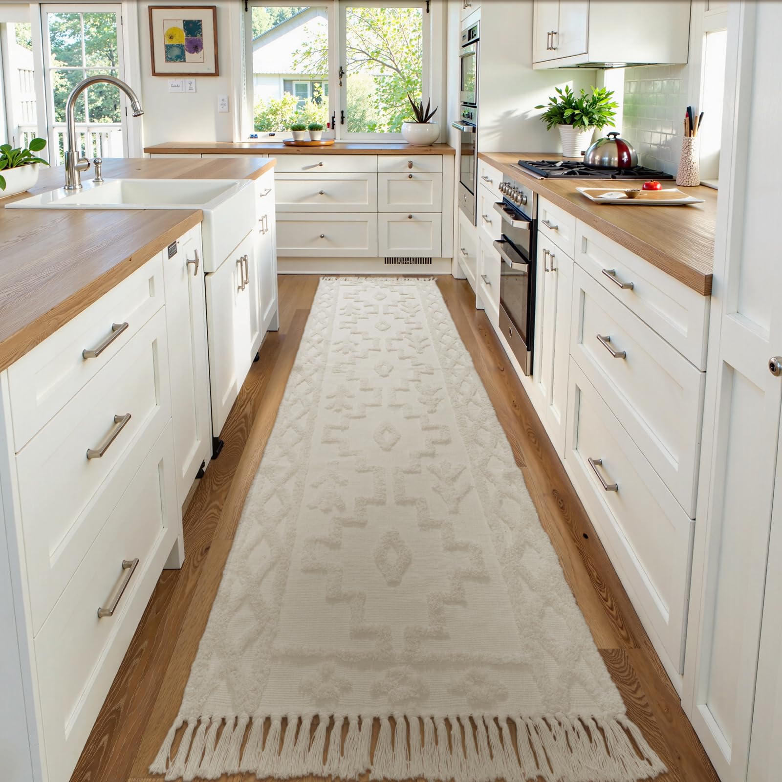 Uphome Boho Bathroom Rug 2' x 3', Washable Small Farmhouse Bedroom Rugs with Tassels, Beige Geometric Bath Mats for Home Decor, Cotton Woven Moroccan Tufted Throw Rug for Entryway Front Door Kitchen