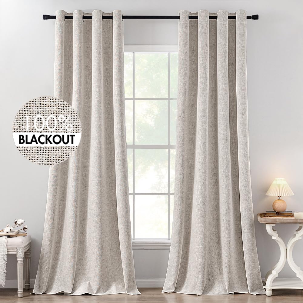 MIULEE 100% Blackout Linen Textured Curtains for Bedroom Solid Thermal Insulated Cream Grommet Room Darkening Curtains & Drapes Luxury Decor for Living Room Nursery 52 x 84 Inch (2 Panels)