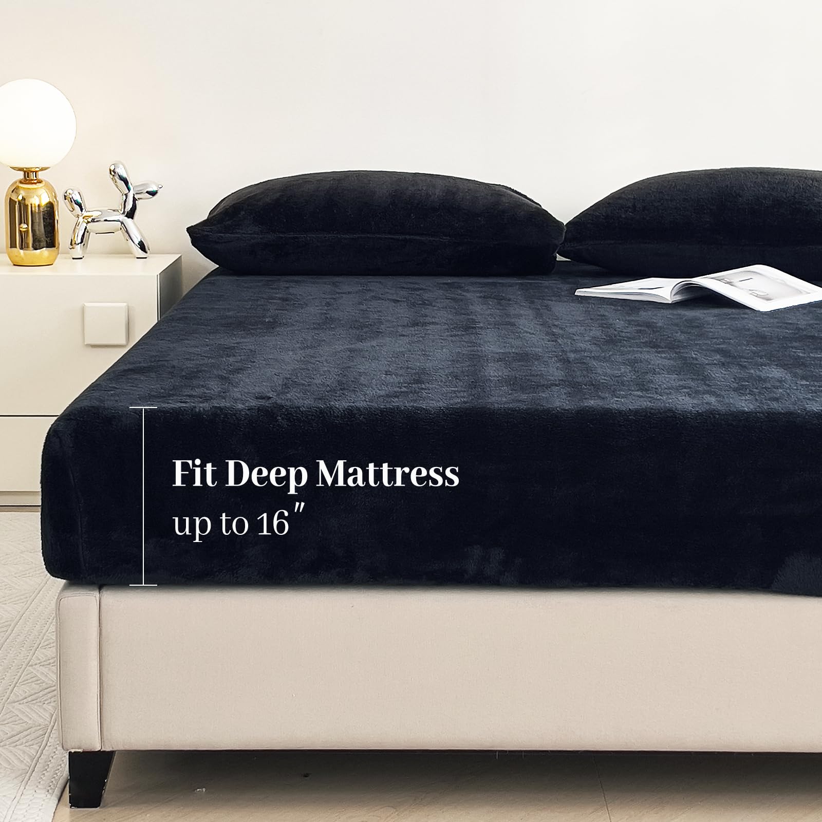 YIYEA Fleece Fitted Sheet Only, Ultra Soft Fluffy Plush Velvet Deep Pocket Fitted Bottom Sheet for Fall Winter, Cozy Warmth and No Shedding, Light Gray, Queen
