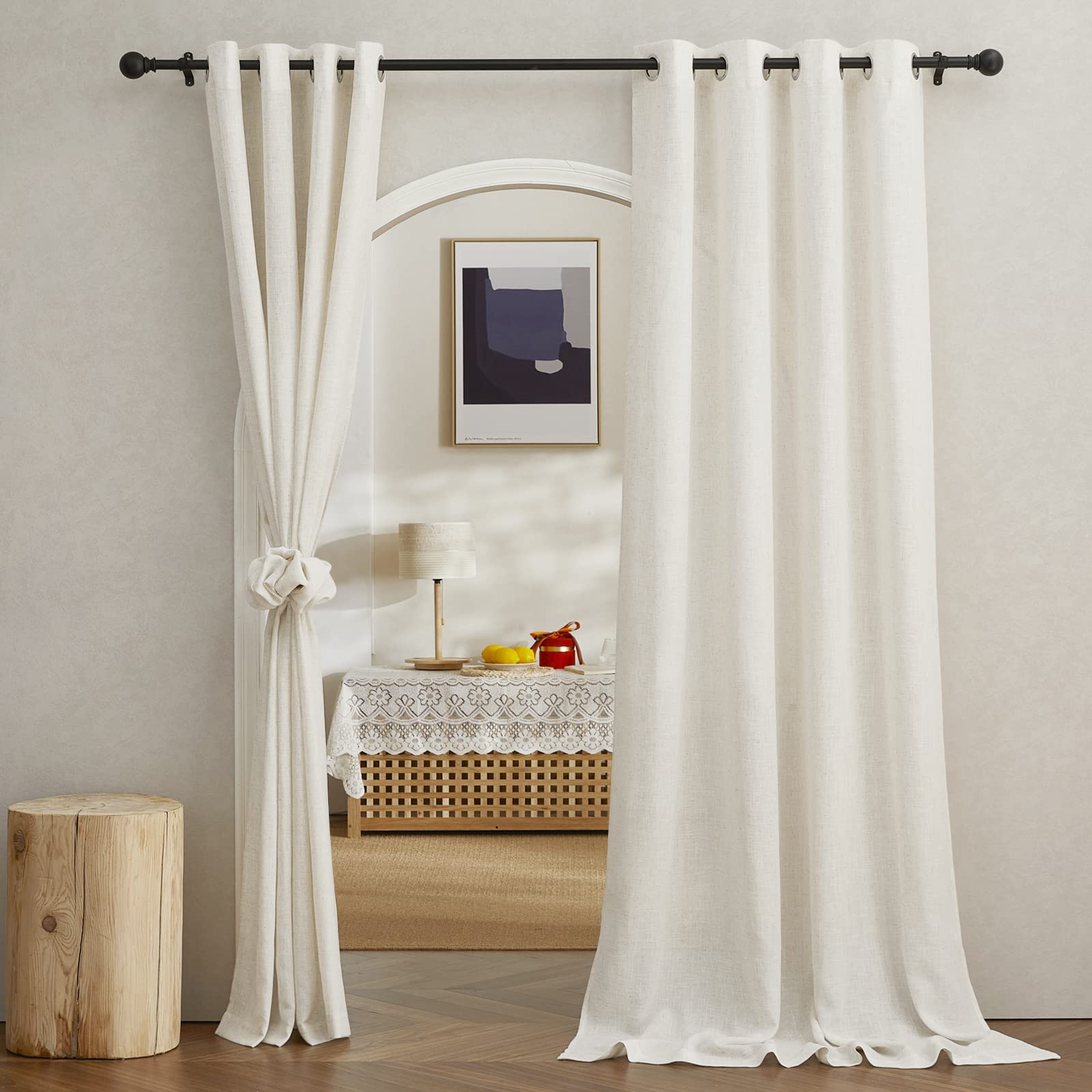 NICETOWN Semi Sheer Linen Curtains for Bedroom 84 inches Long, Grommet Privacy Vertical Farmhouse Window with Light Filtering for Living Room, Natural, W52 x L84, 2 Pieces