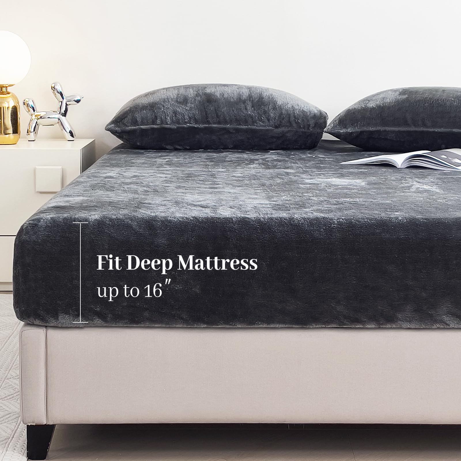 YIYEA Fleece Fitted Sheet Only, Ultra Soft Fluffy Plush Velvet Deep Pocket Fitted Bottom Sheet for Fall Winter, Cozy Warmth and No Shedding, Light Gray, Queen