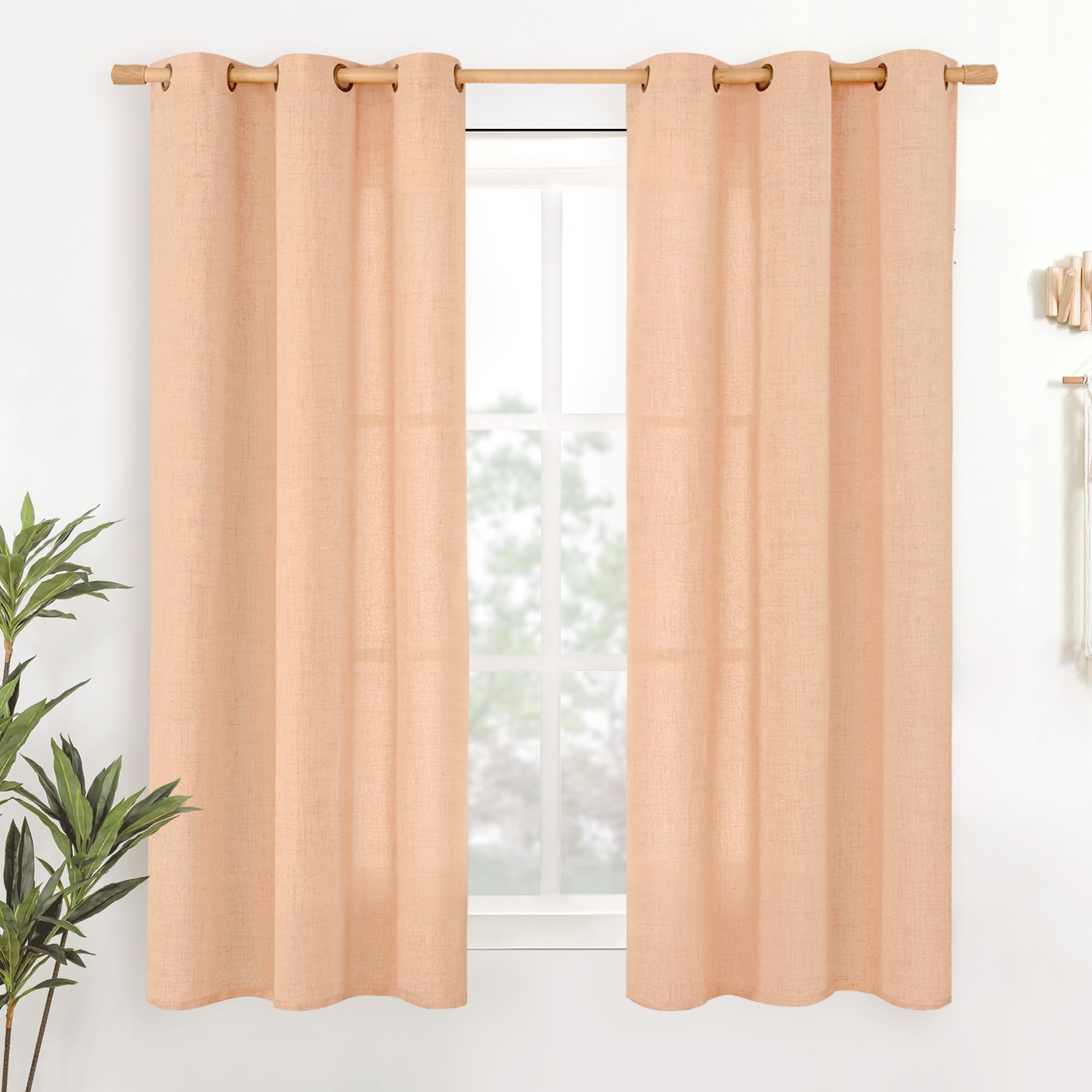YoungsTex Linen Semi Sheer Curtains 63 Inch Length 2 Panels for Living Room - Light Filtering Drapes with Bronze Grommet Beige Window Treatments for Country Office Bedroom, 52 X 63 Inch