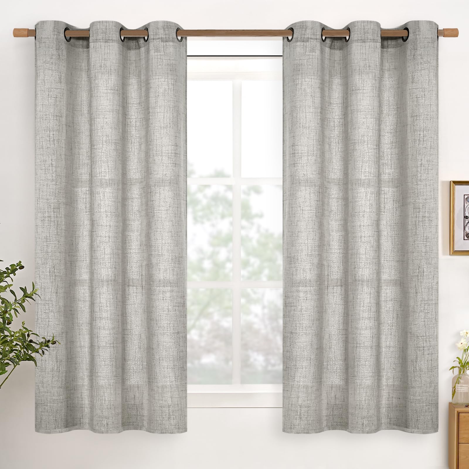 YoungsTex Linen Semi Sheer Curtains 63 Inch Length 2 Panels for Living Room - Light Filtering Drapes with Bronze Grommet Beige Window Treatments for Country Office Bedroom, 52 X 63 Inch