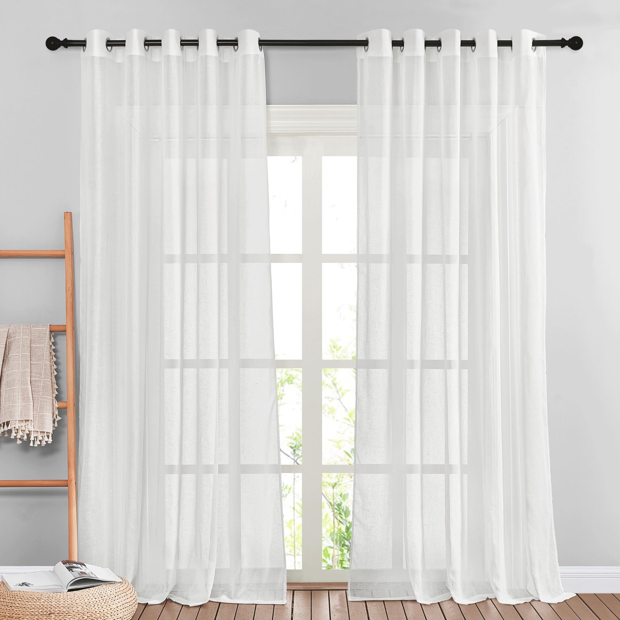 NICETOWN Semi Sheer Linen Curtains for Bedroom 84 inches Long, Grommet Privacy Vertical Farmhouse Window with Light Filtering for Living Room, Natural, W52 x L84, 2 Pieces