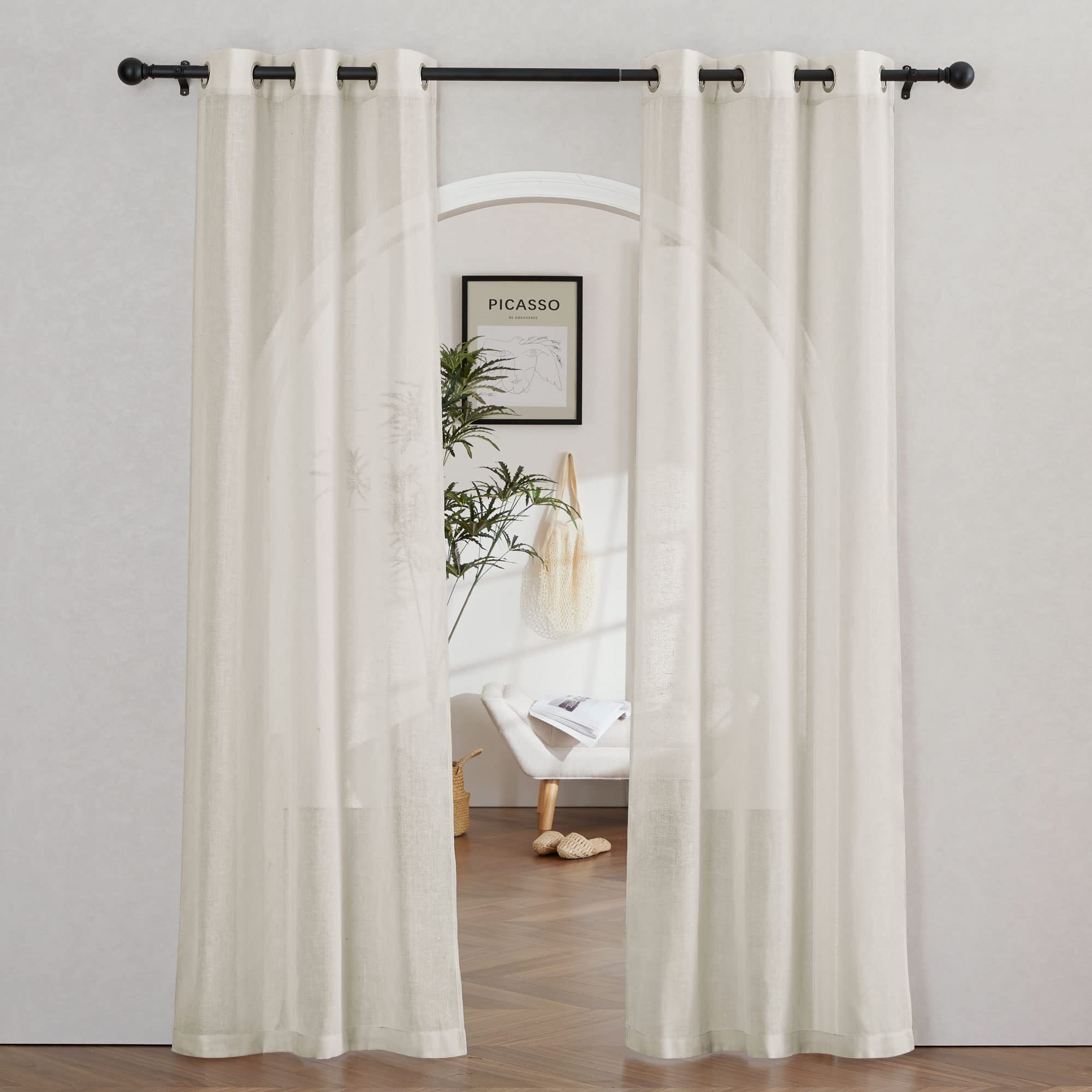 NICETOWN Semi Sheer Linen Curtains for Bedroom 84 inches Long, Grommet Privacy Vertical Farmhouse Window with Light Filtering for Living Room, Natural, W52 x L84, 2 Pieces