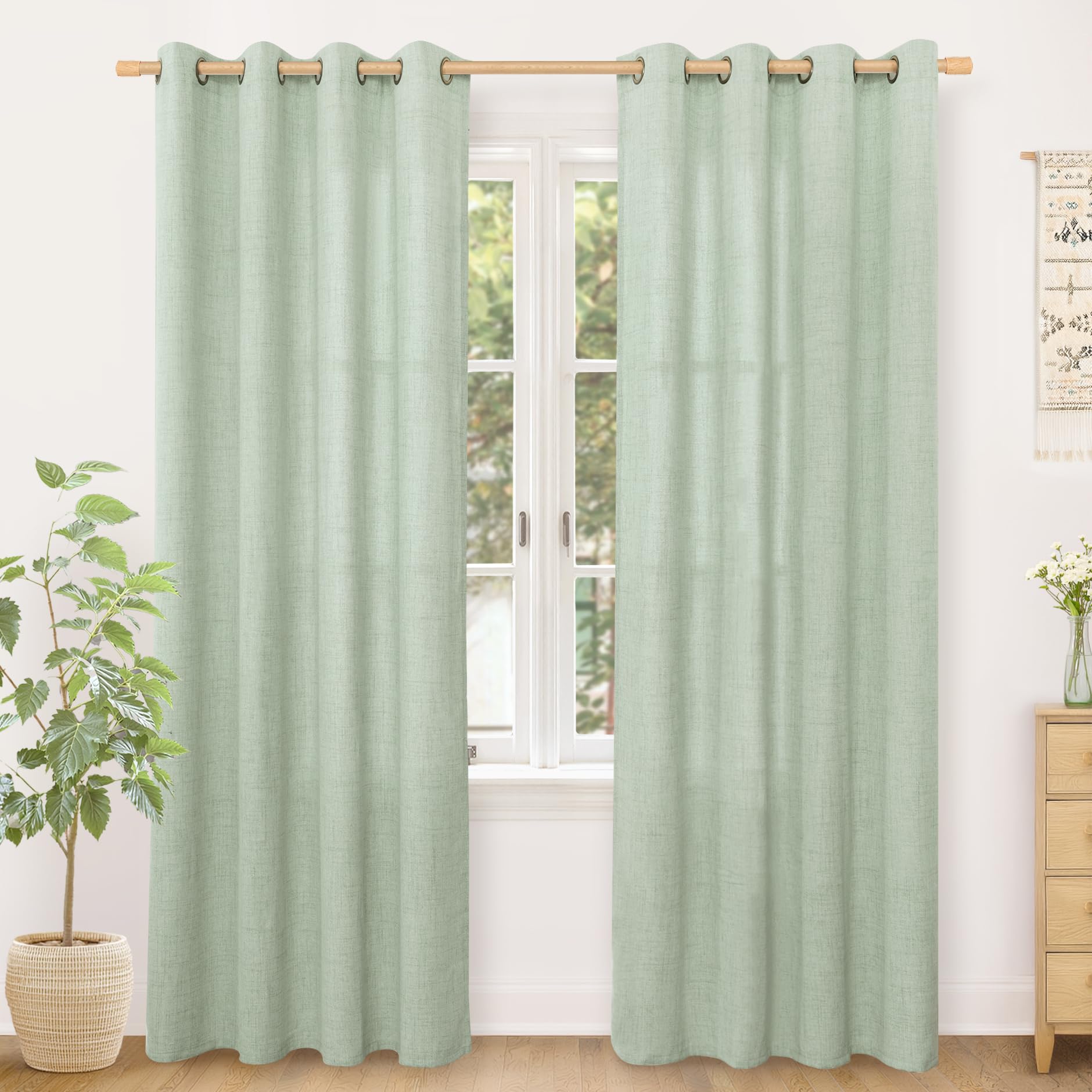 YoungsTex Linen Semi Sheer Curtains 63 Inch Length 2 Panels for Living Room - Light Filtering Drapes with Bronze Grommet Beige Window Treatments for Country Office Bedroom, 52 X 63 Inch