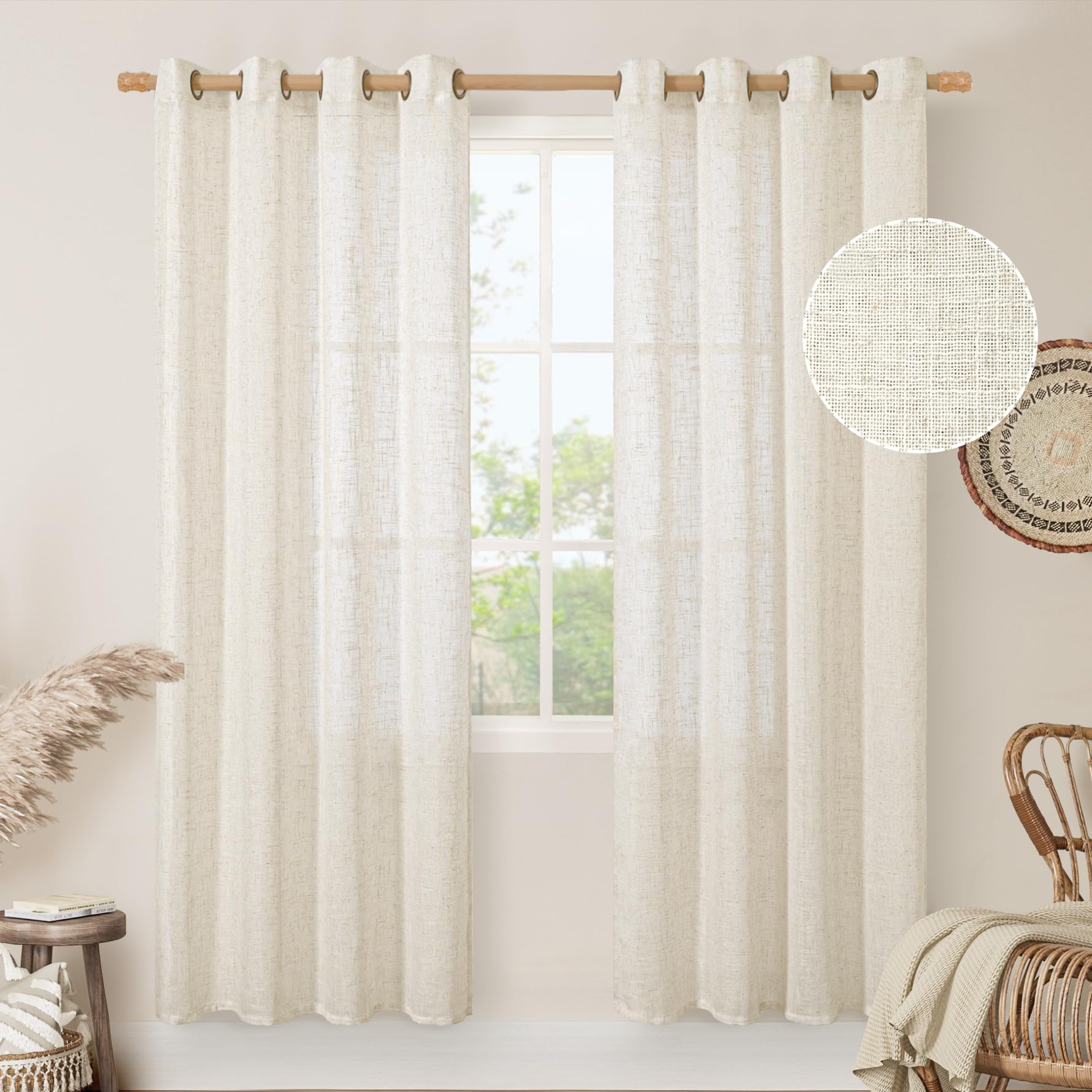 LAMIT Natural Ivory Linen Semi Sheer Curtains 84 inch Length, Cream Light Filtering Soft Thick Neutral Living Room Drapes with Bronze Grommet for Bedroom/Farmhouse, 2 Panels, 52 x 84 Inch