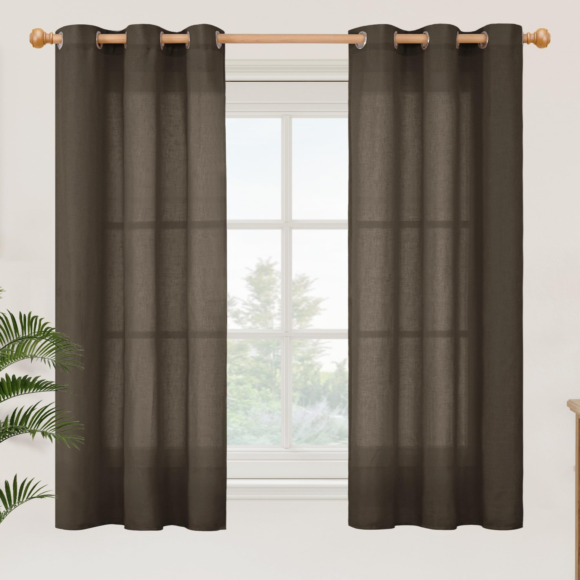 YoungsTex Linen Semi Sheer Curtains 63 Inch Length 2 Panels for Living Room - Light Filtering Drapes with Bronze Grommet Beige Window Treatments for Country Office Bedroom, 52 X 63 Inch
