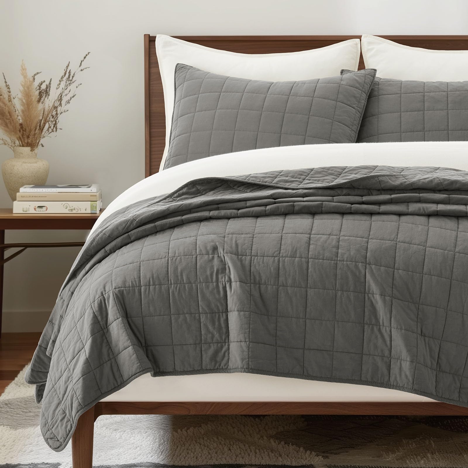 EVERGRACEHOME 100% Cotton Box Stitch Quilt Bedding Set Queen Size 3 Pieces, Garment-Washed Lightweight Soft Cozy Coverlet, Quilted Bedspread Sets with 2 Shams for All Season, Blue Linen | Box Stitch Design, 100% Cotton, Soft, Oversized, Pre Washed, Oeko-T