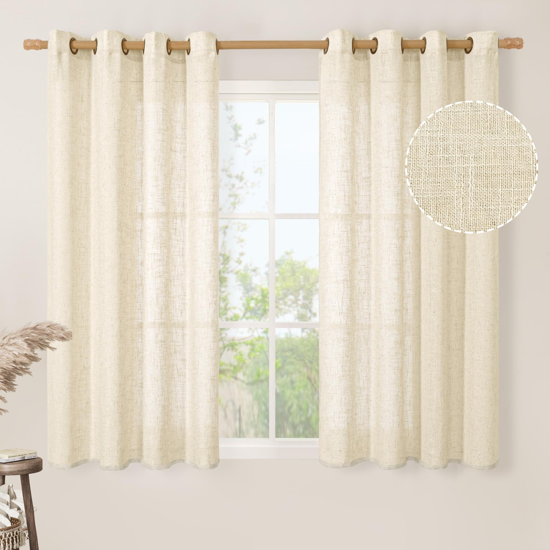 LAMIT Natural Ivory Linen Semi Sheer Curtains 84 inch Length, Cream Light Filtering Soft Thick Neutral Living Room Drapes with Bronze Grommet for Bedroom/Farmhouse, 2 Panels, 52 x 84 Inch