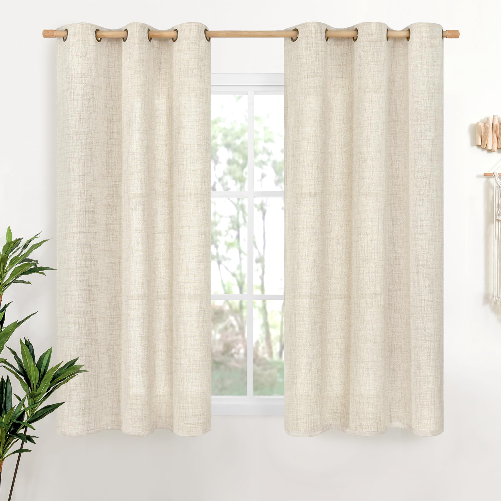 YoungsTex Linen Semi Sheer Curtains 63 Inch Length 2 Panels for Living Room - Light Filtering Drapes with Bronze Grommet Beige Window Treatments for Country Office Bedroom, 52 X 63 Inch
