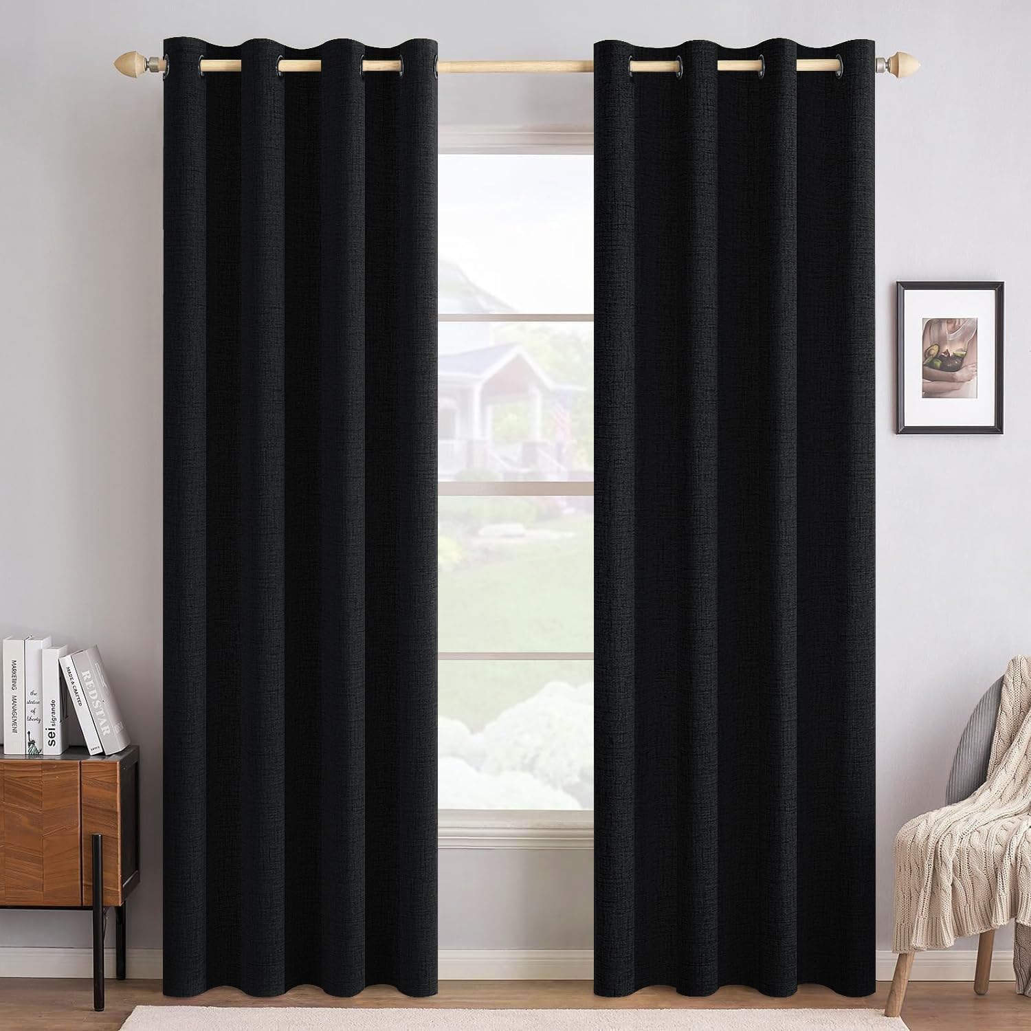 MIULEE 100% Blackout Linen Textured Curtains for Bedroom Solid Thermal Insulated Natural Beige Grommet Room Darkening Curtains & Drapes Luxury Decor for Living Room Nursery 52 x 96 Inch (2 Panels)