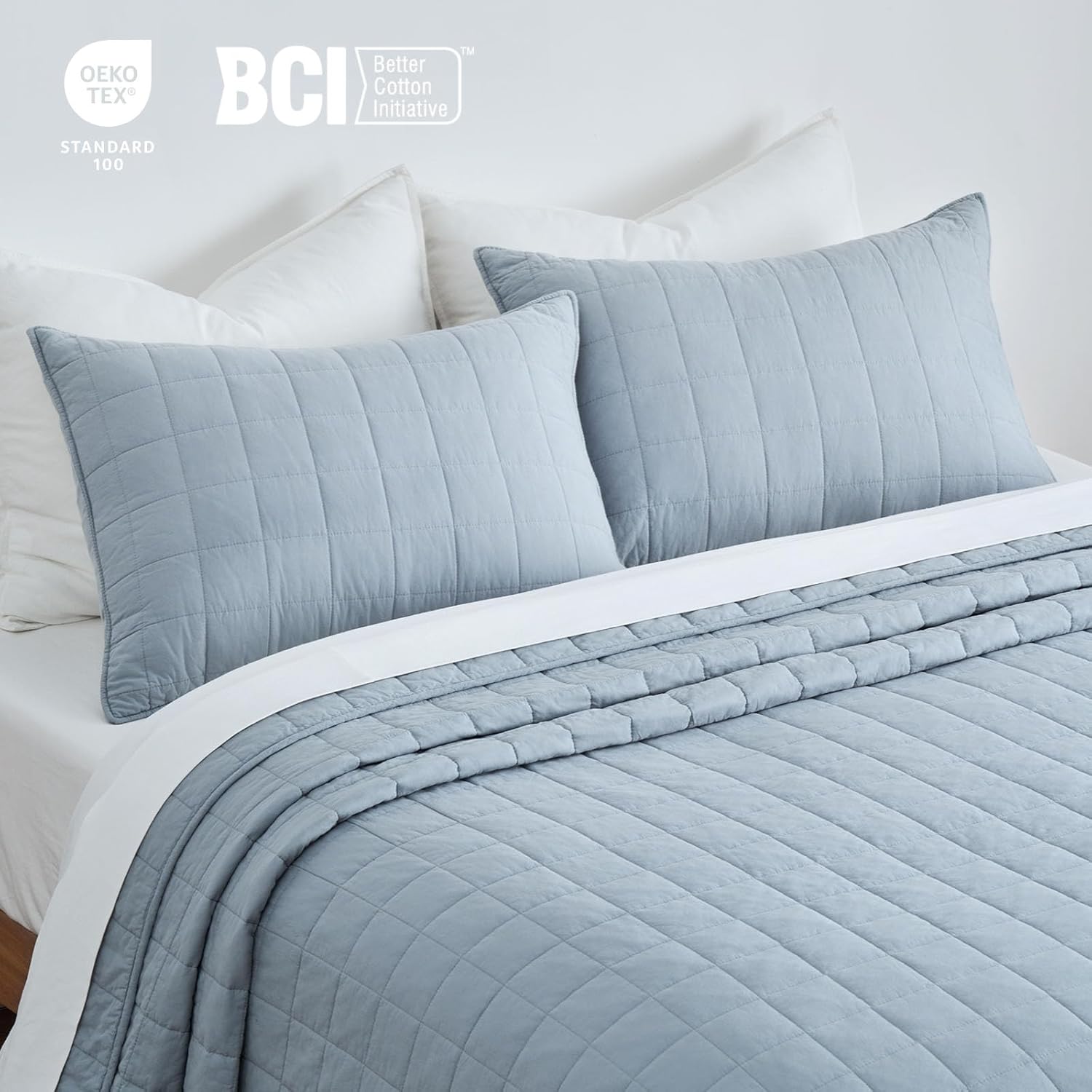 EVERGRACEHOME 100% Cotton Box Stitch Quilt Bedding Set Queen Size 3 Pieces, Garment-Washed Lightweight Soft Cozy Coverlet, Quilted Bedspread Sets with 2 Shams for All Season, Blue Linen | Box Stitch Design, 100% Cotton, Soft, Oversized, Pre Washed, Oeko-T
