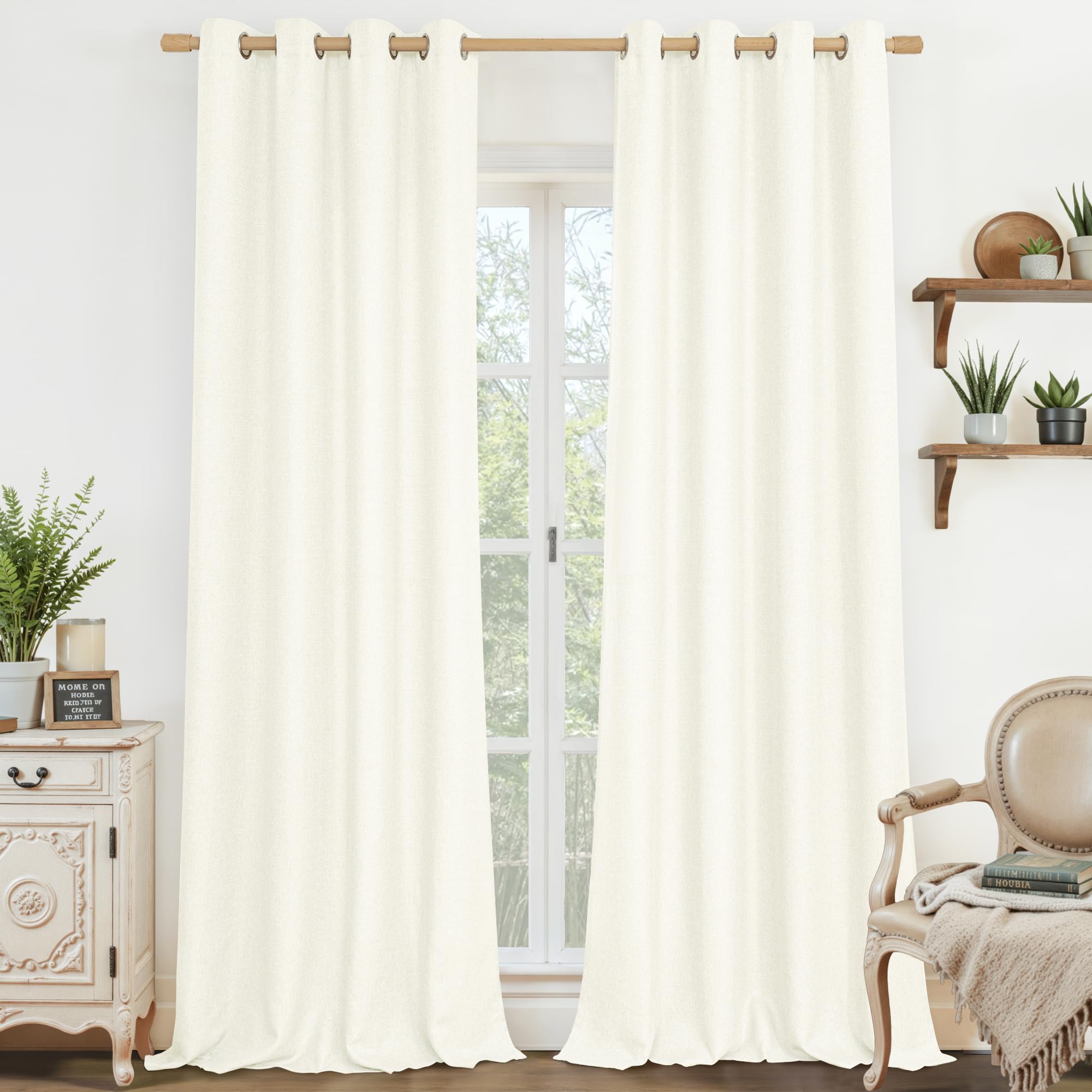 LAMIT Linen Curtains 84 inch Length 2 Panels, Grommet Thick Soft Light Filtering Curtains Privacy Living Room Window Drapes for Bedroom/Farmhouse, W52 x L84, Natural Beige