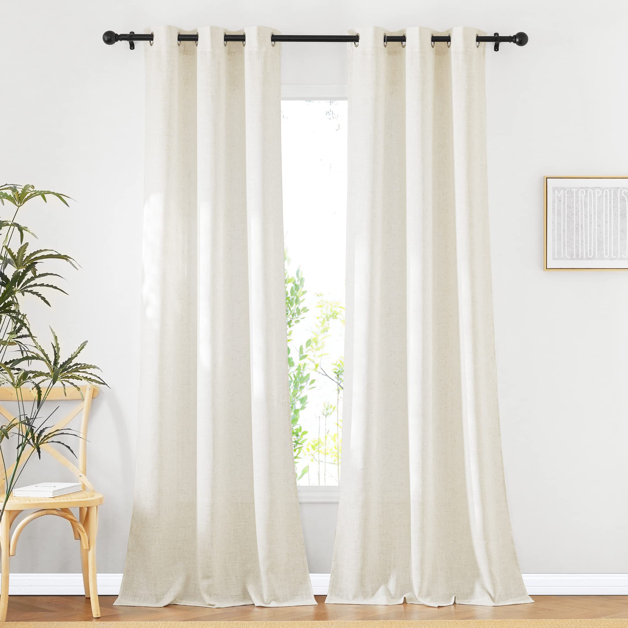 NICETOWN Semi Sheer Linen Curtains for Bedroom 84 inches Long, Grommet Privacy Vertical Farmhouse Window with Light Filtering for Living Room, Natural, W52 x L84, 2 Pieces