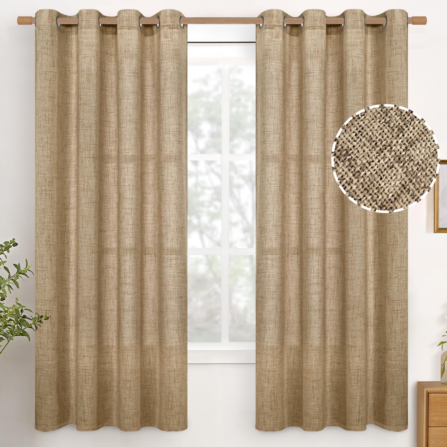 YoungsTex Linen Semi Sheer Curtains 63 Inch Length 2 Panels for Living Room - Light Filtering Drapes with Bronze Grommet Beige Window Treatments for Country Office Bedroom, 52 X 63 Inch