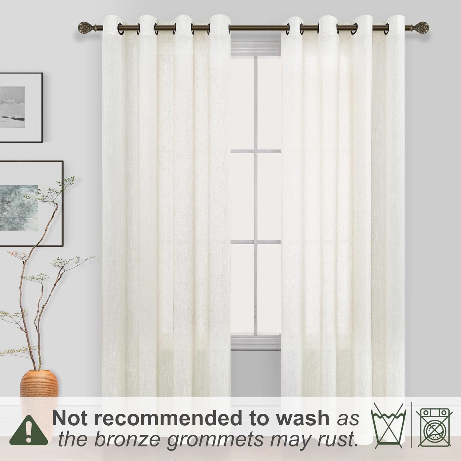 KOUFALL Linen Curtains for Living Room, Bronze Grommet, Semi Sheer Light Filtering Curtains, Neutral Cream Farmhouse Curtain Drapes 84 Inches Long 2 Panels Set