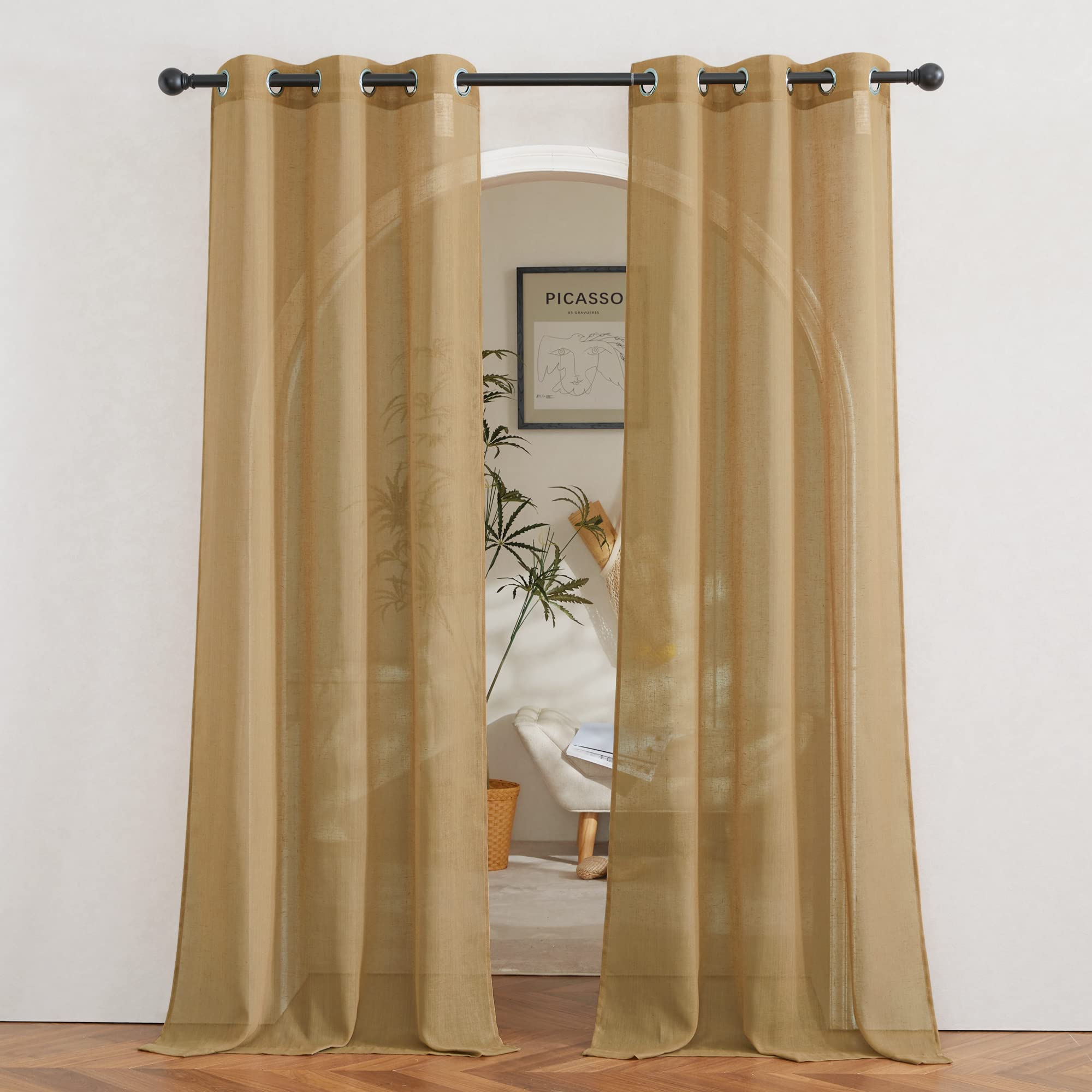 NICETOWN Semi Sheer Linen Curtains for Bedroom 84 inches Long, Grommet Privacy Vertical Farmhouse Window with Light Filtering for Living Room, Natural, W52 x L84, 2 Pieces