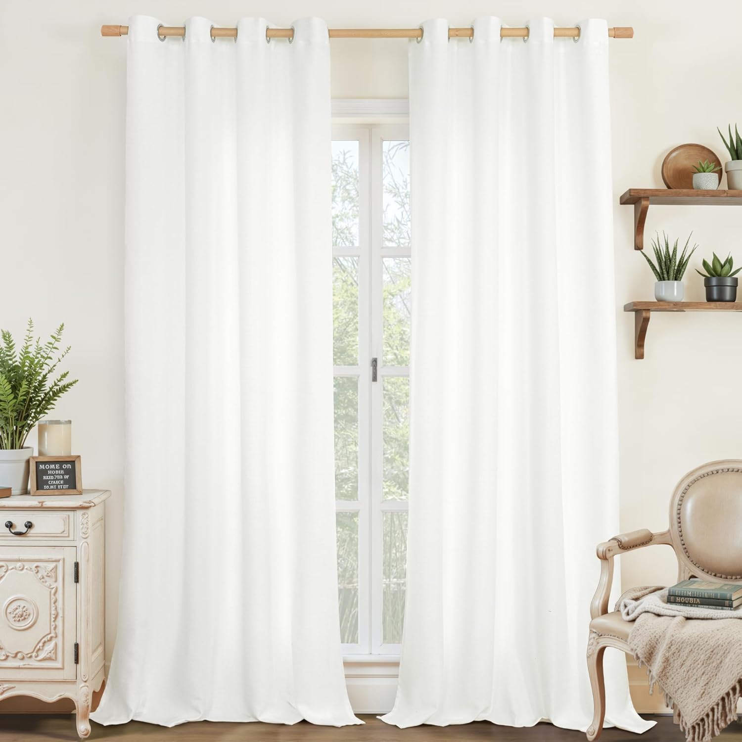 LAMIT Linen Curtains 84 inch Length 2 Panels, Grommet Thick Soft Light Filtering Curtains Privacy Living Room Window Drapes for Bedroom/Farmhouse, W52 x L84, Natural Beige