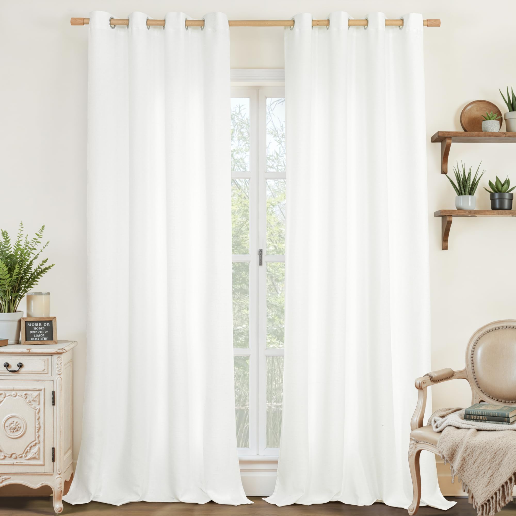 LAMIT Linen Curtains 84 inch Length 2 Panels, Grommet Thick Soft Light Filtering Curtains Privacy Living Room Window Drapes for Bedroom/Farmhouse, W52 x L84, Natural Beige