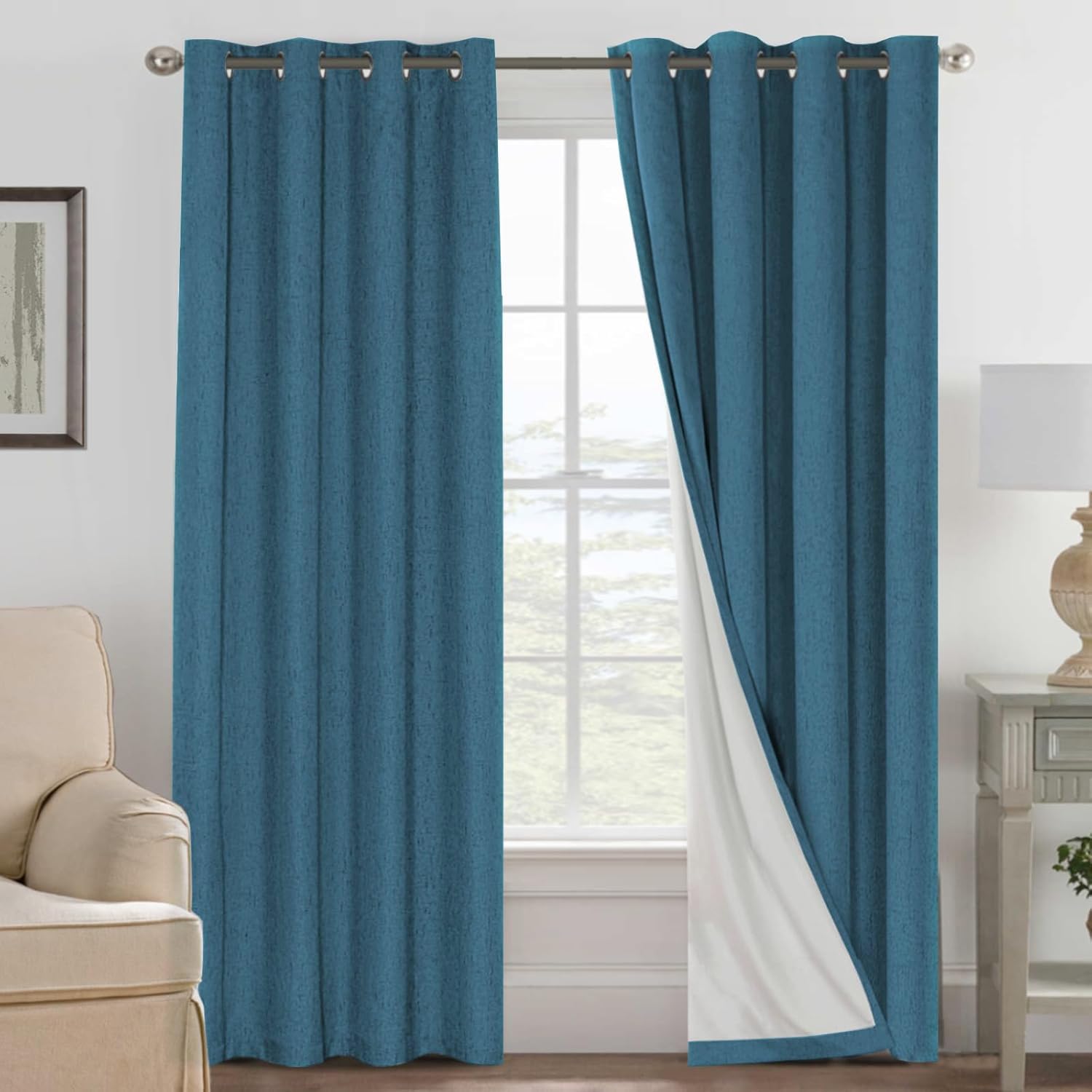 H.VERSAILTEX Linen 100% Blackout Curtains for Bedroom Full Light Blocking Curtains, Textured Window Curtain for Living Room 84 inch Grommet, Energy Efficient Curtains White Liner(2 Panels, Natural)