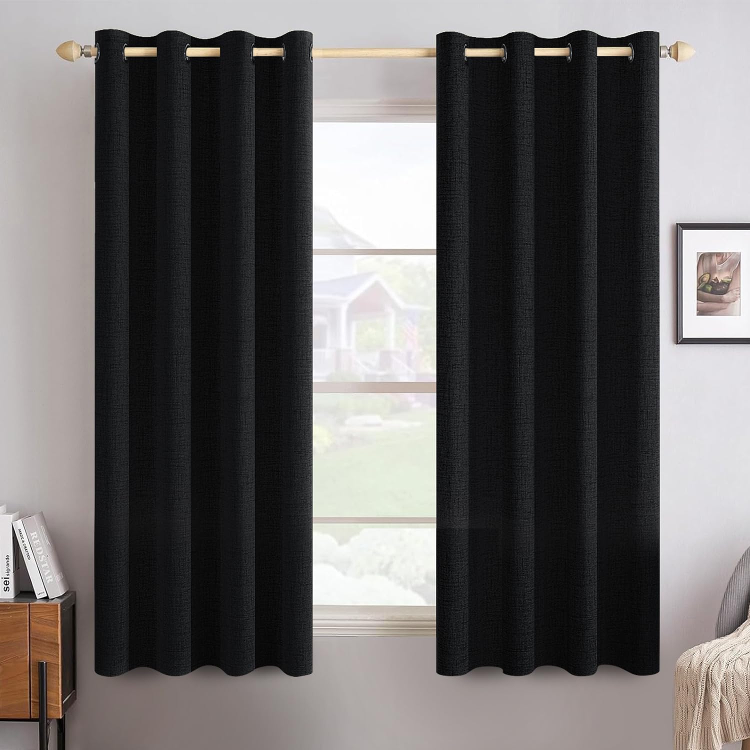 MIULEE 100% Blackout Linen Textured Curtains for Bedroom Solid Thermal Insulated Cream Grommet Room Darkening Curtains & Drapes Luxury Decor for Living Room Nursery 52 x 84 Inch (2 Panels)