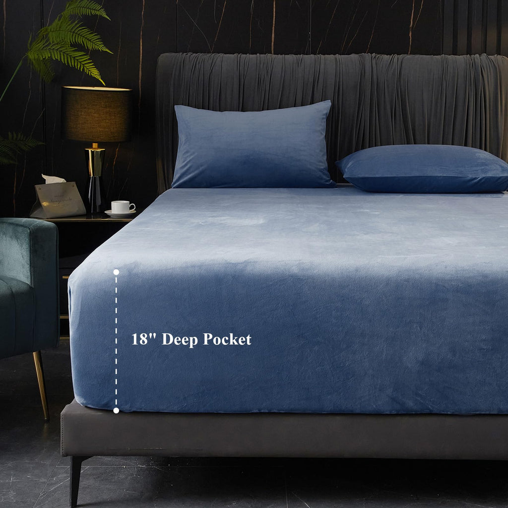 Ivellow Velvet Fitted Sheet Queen Size, 1 Pack Luxury Flannel Bed Sheets with 18” Extra Deep Pocket Queen Fitted Sheet Only Extra Soft Cozy Comfy Warmth Plush Grey Velvet Bottom Sheets No Pillowcases