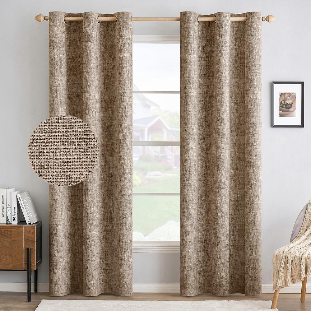 MIULEE 100% Blackout Linen Textured Curtains for Bedroom Solid Thermal Insulated Cream Grommet Room Darkening Curtains & Drapes Luxury Decor for Living Room Nursery 52 x 84 Inch (2 Panels)