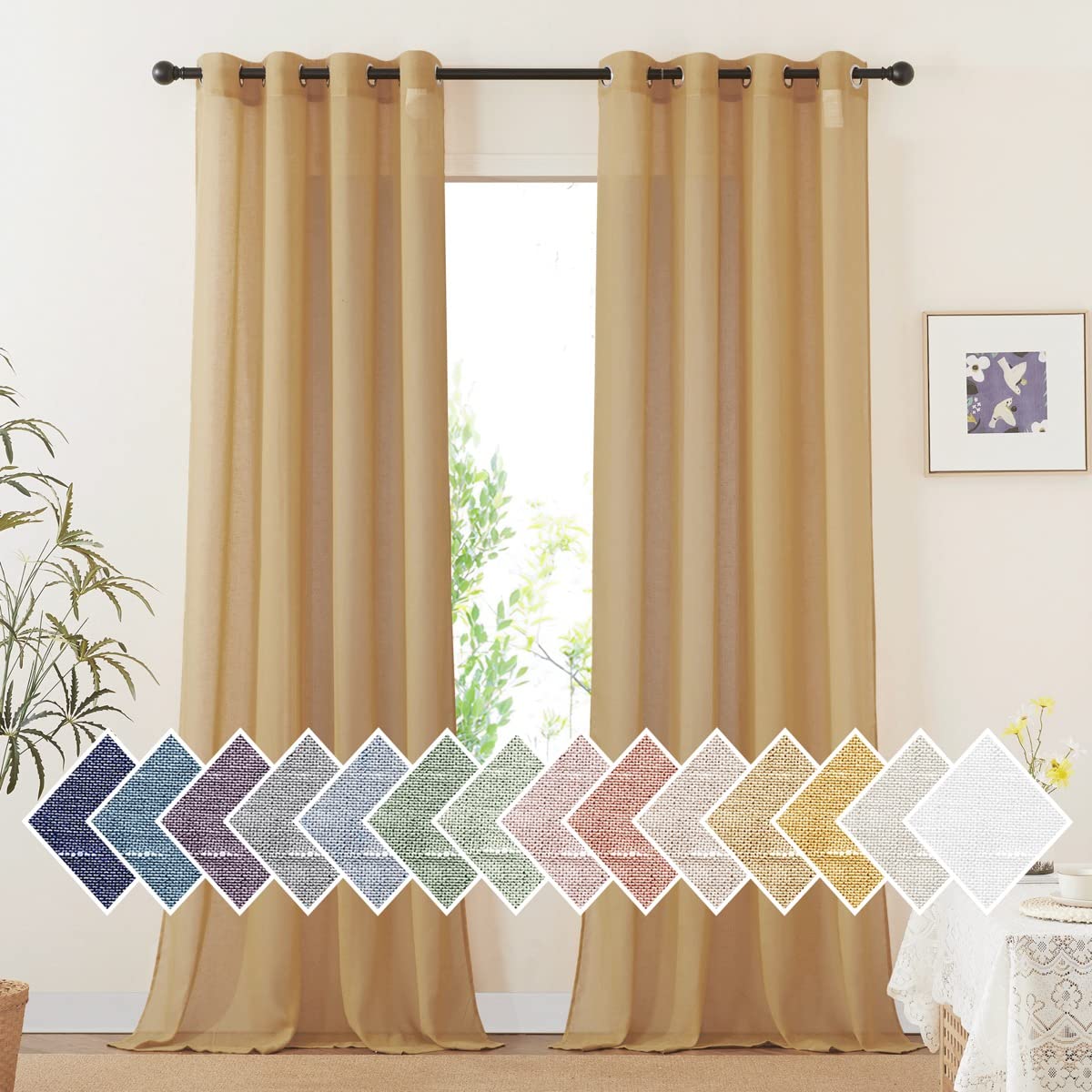 NICETOWN Semi Sheer Linen Curtains for Bedroom 84 inches Long, Grommet Privacy Vertical Farmhouse Window with Light Filtering for Living Room, Natural, W52 x L84, 2 Pieces