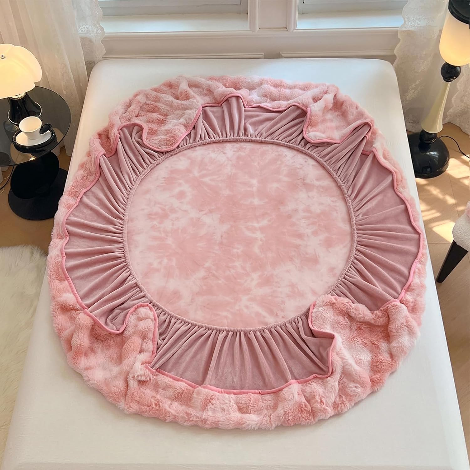 Plush Shaggy Fitted Sheet Full Size-Velvet Fitted Sheet Faux Fur Bottom Sheet with 15" Deep Pocket, Flannel Warm Tie Dyed Mattress Cover,No Pillowcases,Pink