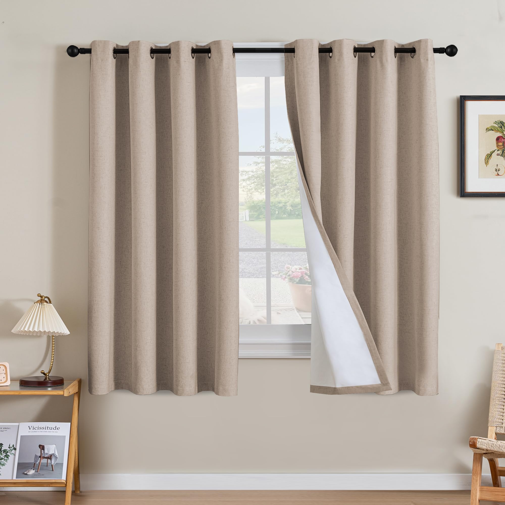 H.VERSAILTEX Linen 100% Blackout Curtains for Bedroom Full Light Blocking Curtains, Textured Window Curtain for Living Room 84 inch Grommet, Energy Efficient Curtains White Liner(2 Panels, Natural)