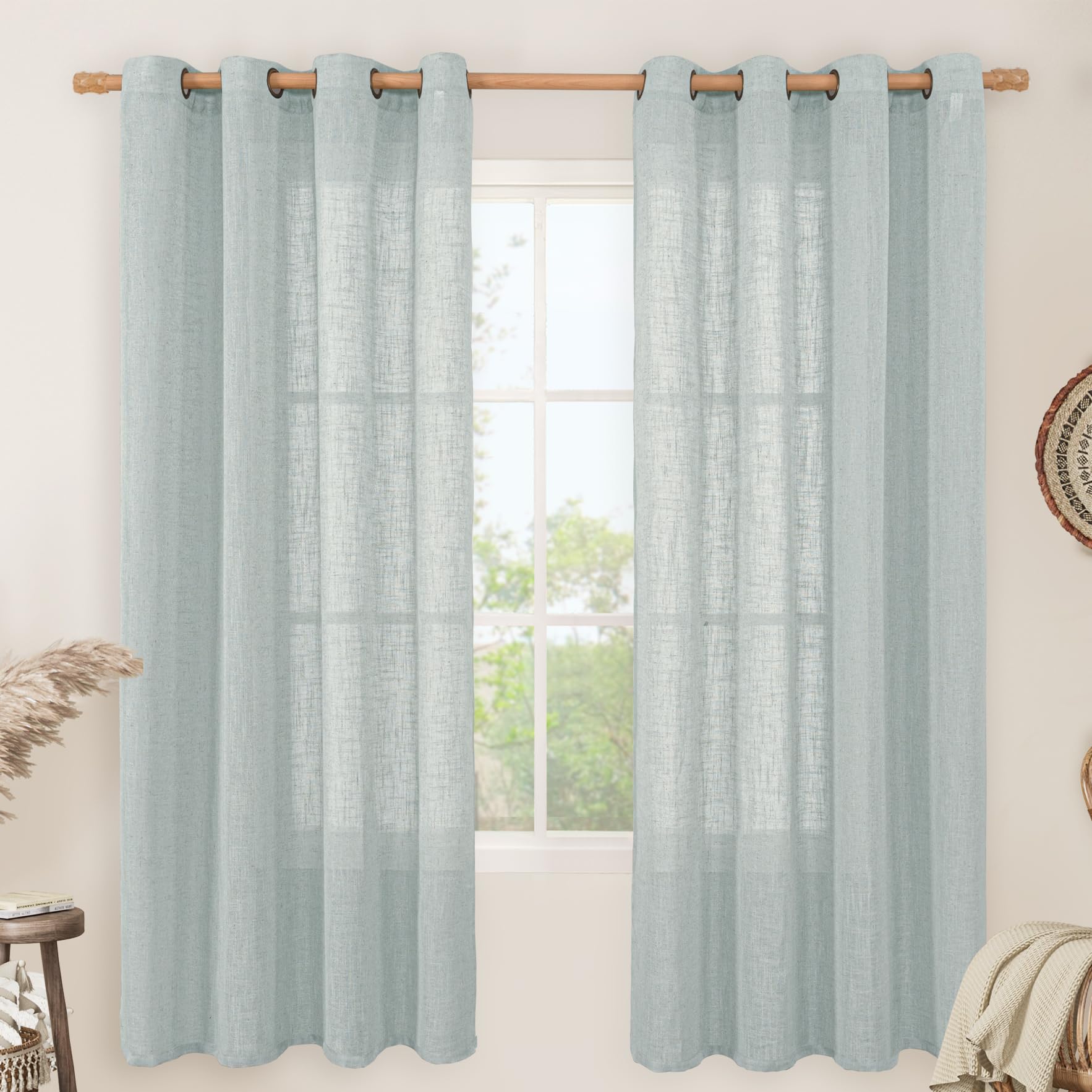 LAMIT Natural Ivory Linen Semi Sheer Curtains 84 inch Length, Cream Light Filtering Soft Thick Neutral Living Room Drapes with Bronze Grommet for Bedroom/Farmhouse, 2 Panels, 52 x 84 Inch