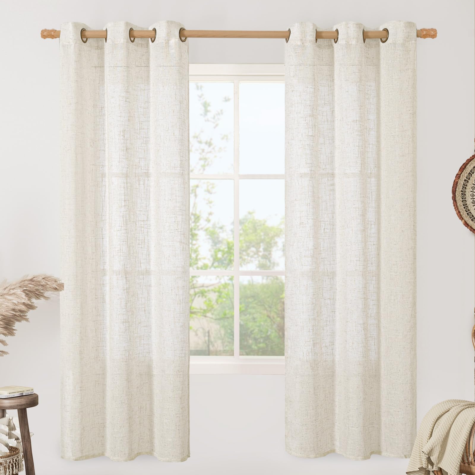 LAMIT Natural Ivory Linen Semi Sheer Curtains 84 inch Length, Cream Light Filtering Soft Thick Neutral Living Room Drapes with Bronze Grommet for Bedroom/Farmhouse, 2 Panels, 52 x 84 Inch