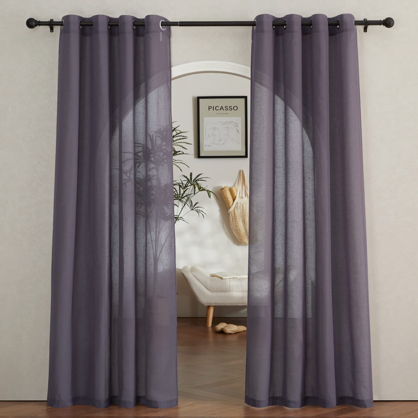 NICETOWN Semi Sheer Linen Curtains for Bedroom 84 inches Long, Grommet Privacy Vertical Farmhouse Window with Light Filtering for Living Room, Natural, W52 x L84, 2 Pieces