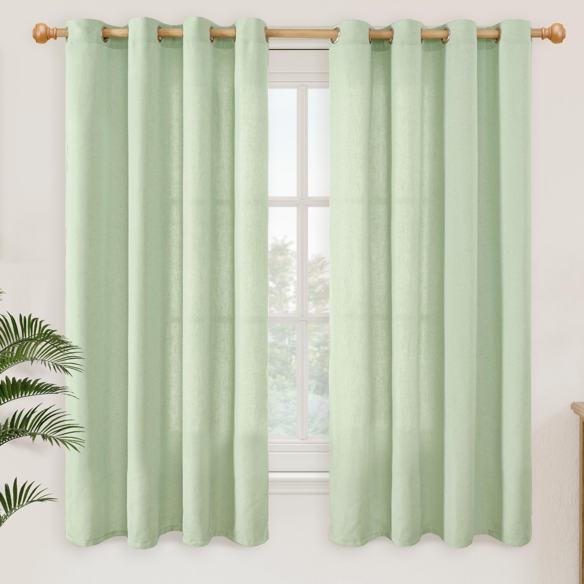 YoungsTex Linen Semi Sheer Curtains 63 Inch Length 2 Panels for Living Room - Light Filtering Drapes with Bronze Grommet Beige Window Treatments for Country Office Bedroom, 52 X 63 Inch