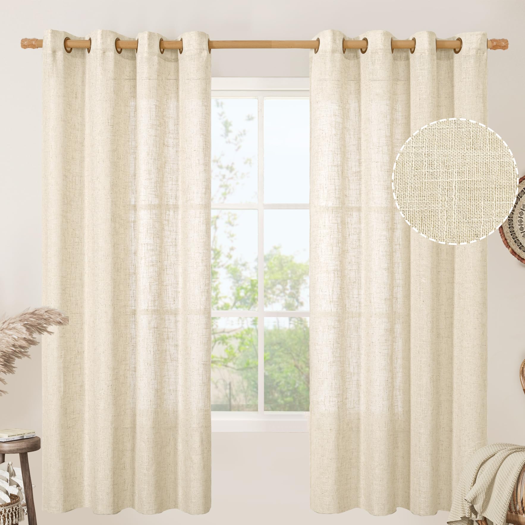 LAMIT Natural Ivory Linen Semi Sheer Curtains 84 inch Length, Cream Light Filtering Soft Thick Neutral Living Room Drapes with Bronze Grommet for Bedroom/Farmhouse, 2 Panels, 52 x 84 Inch