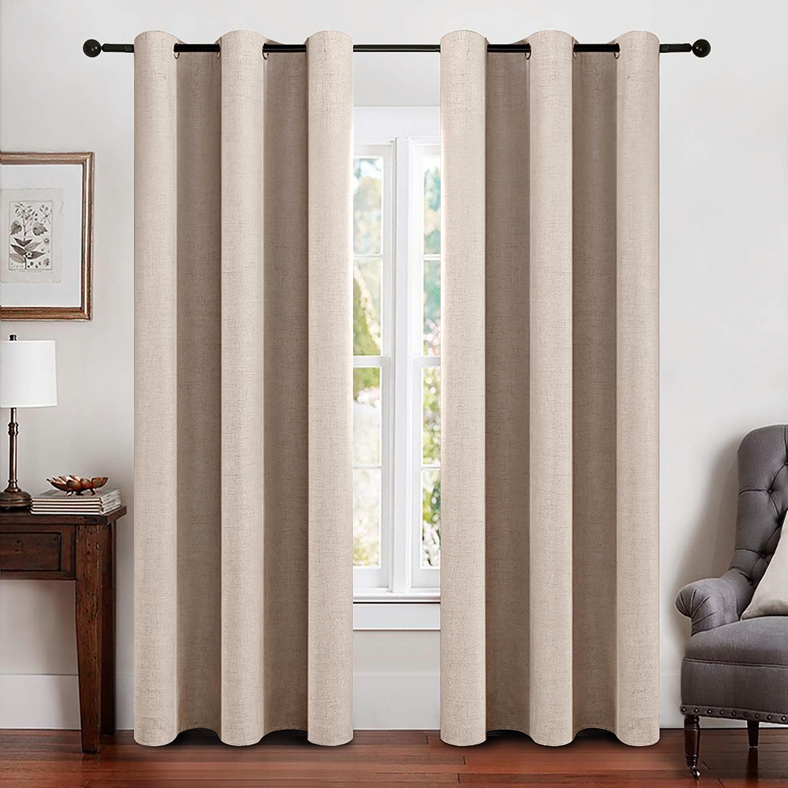 MIULEE 100% Blackout Linen Textured Curtains for Bedroom Solid Thermal Insulated Natural Beige Grommet Room Darkening Curtains & Drapes Luxury Decor for Living Room Nursery 52 x 96 Inch (2 Panels)