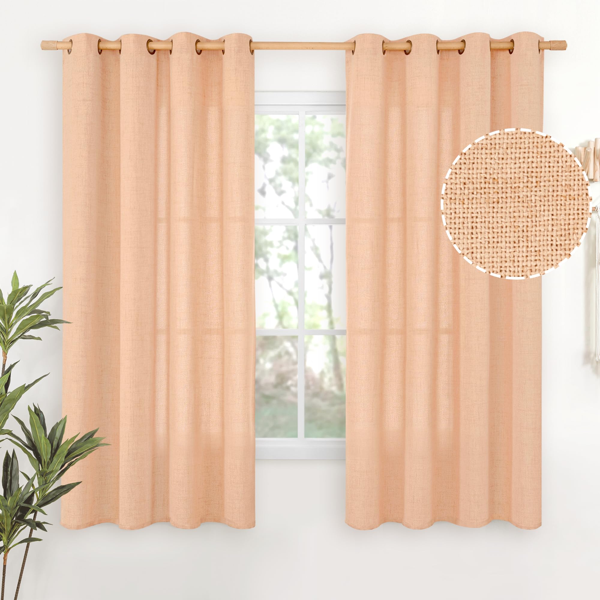 YoungsTex Linen Semi Sheer Curtains 63 Inch Length 2 Panels for Living Room - Light Filtering Drapes with Bronze Grommet Beige Window Treatments for Country Office Bedroom, 52 X 63 Inch