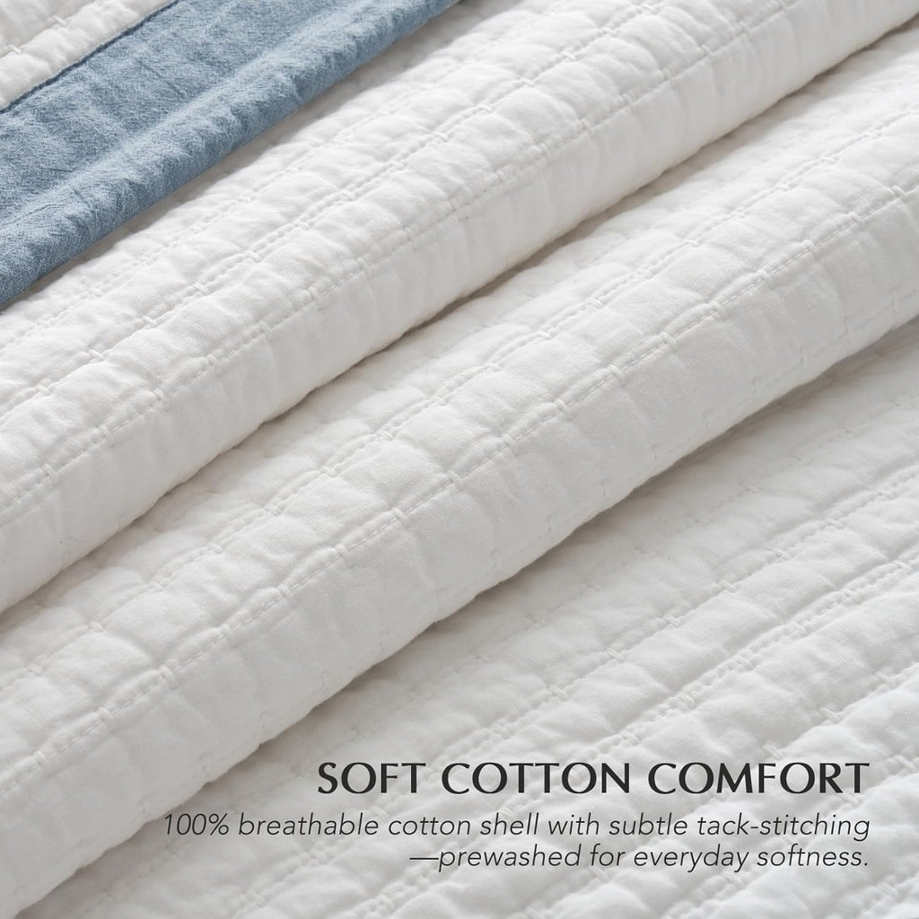 EVERGRACE Cotton Border Frame Tack-Stitch Quilt Bedding Set King Size, Coastal Oversized 3 Pieces Lightweight Bedspread Coverlet for All Season, with 2 Matching Shams, Blue Linen | Pick-Stitch Channel, Border Frame, Pre Washed, Oeko-Tex Certified, 100% Co