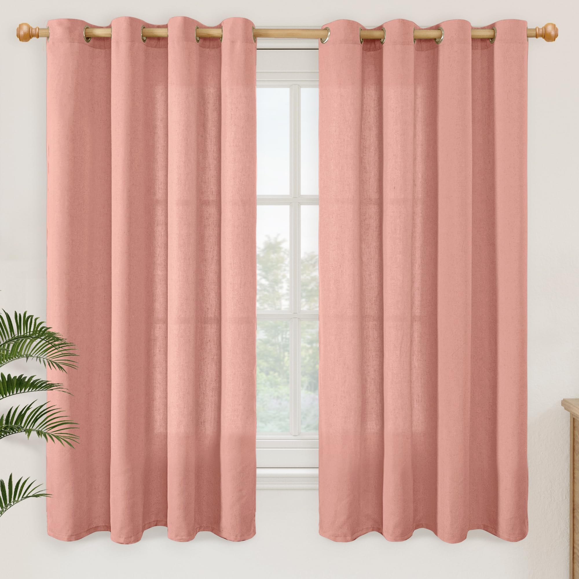 YoungsTex Linen Semi Sheer Curtains 63 Inch Length 2 Panels for Living Room - Light Filtering Drapes with Bronze Grommet Beige Window Treatments for Country Office Bedroom, 52 X 63 Inch