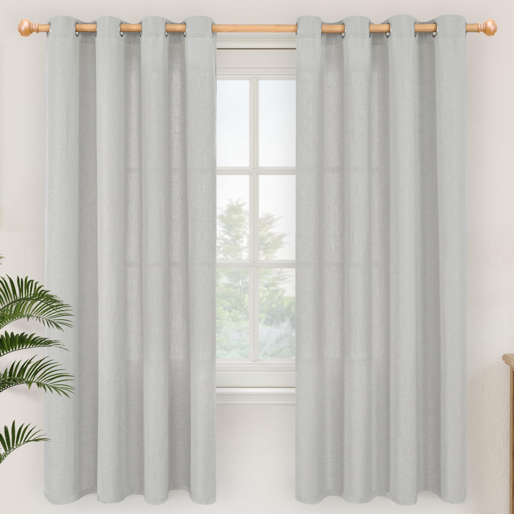 YoungsTex Linen Semi Sheer Curtains 63 Inch Length 2 Panels for Living Room - Light Filtering Drapes with Bronze Grommet Beige Window Treatments for Country Office Bedroom, 52 X 63 Inch