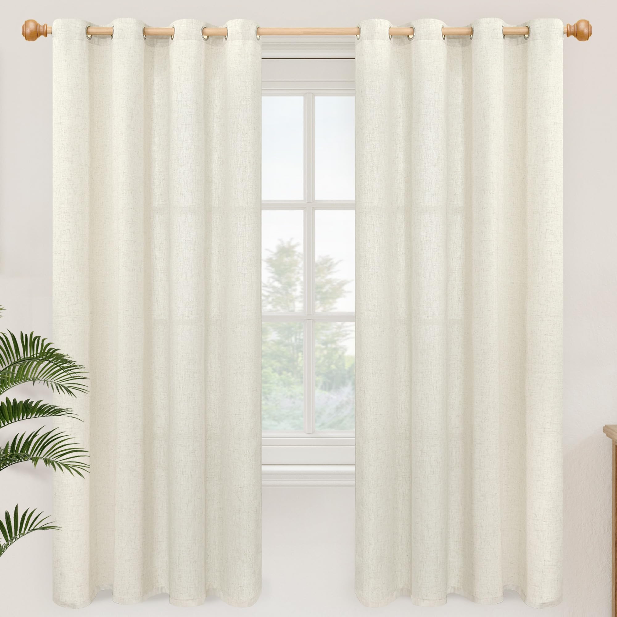 YoungsTex Linen Semi Sheer Curtains 63 Inch Length 2 Panels for Living Room - Light Filtering Drapes with Bronze Grommet Beige Window Treatments for Country Office Bedroom, 52 X 63 Inch