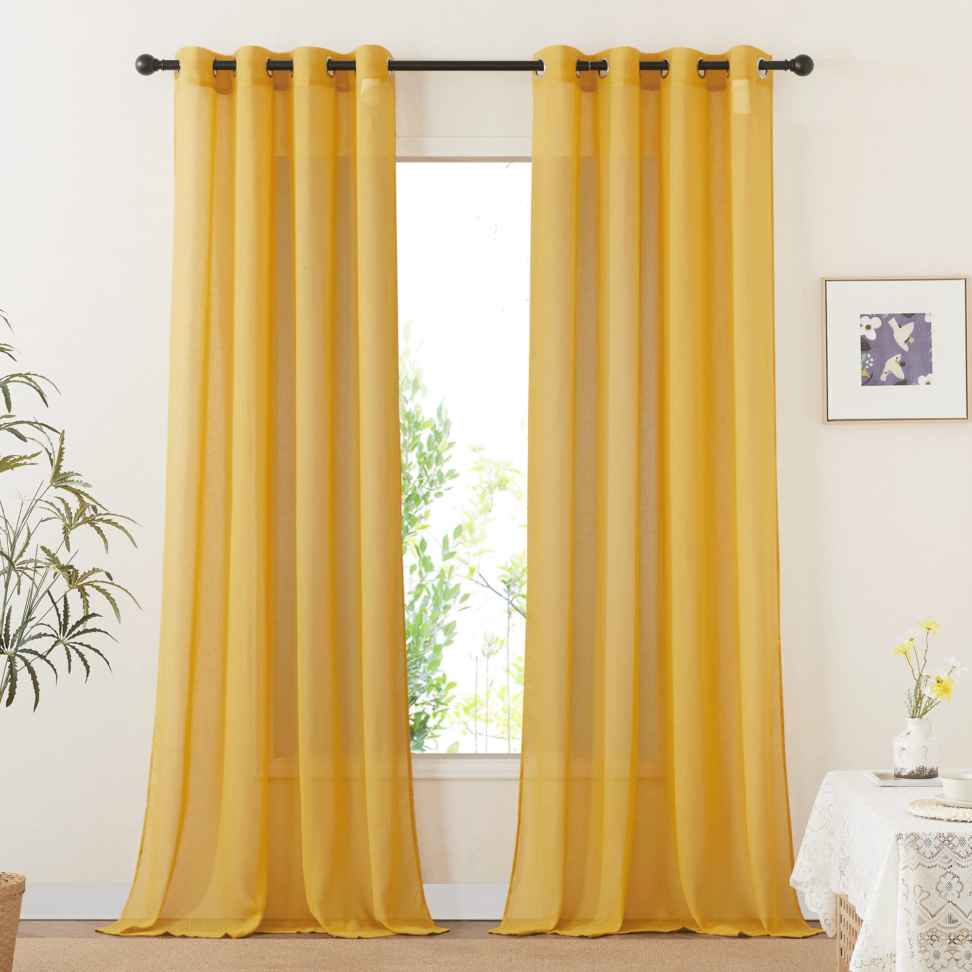 NICETOWN Semi Sheer Linen Curtains for Bedroom 84 inches Long, Grommet Privacy Vertical Farmhouse Window with Light Filtering for Living Room, Natural, W52 x L84, 2 Pieces