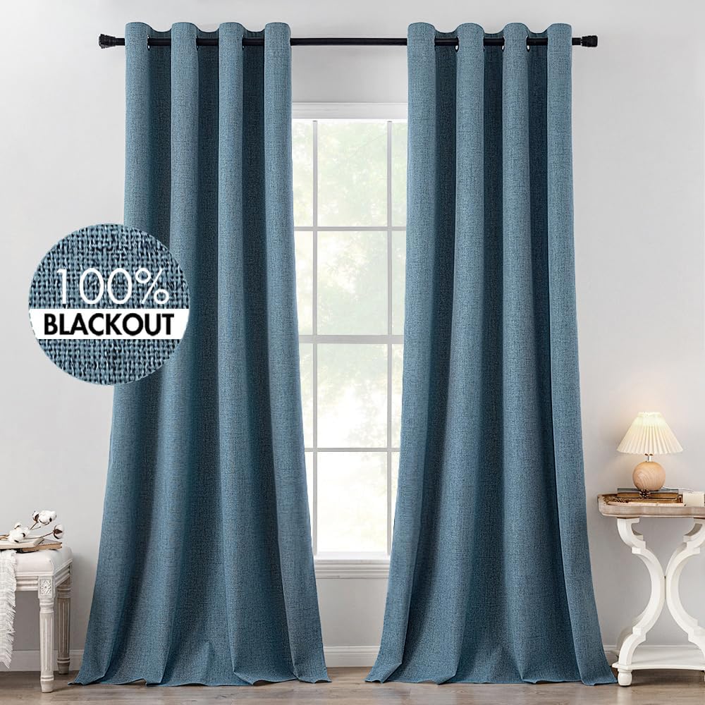 MIULEE 100% Blackout Linen Textured Curtains for Bedroom Solid Thermal Insulated Natural Beige Grommet Room Darkening Curtains & Drapes Luxury Decor for Living Room Nursery 52 x 96 Inch (2 Panels)