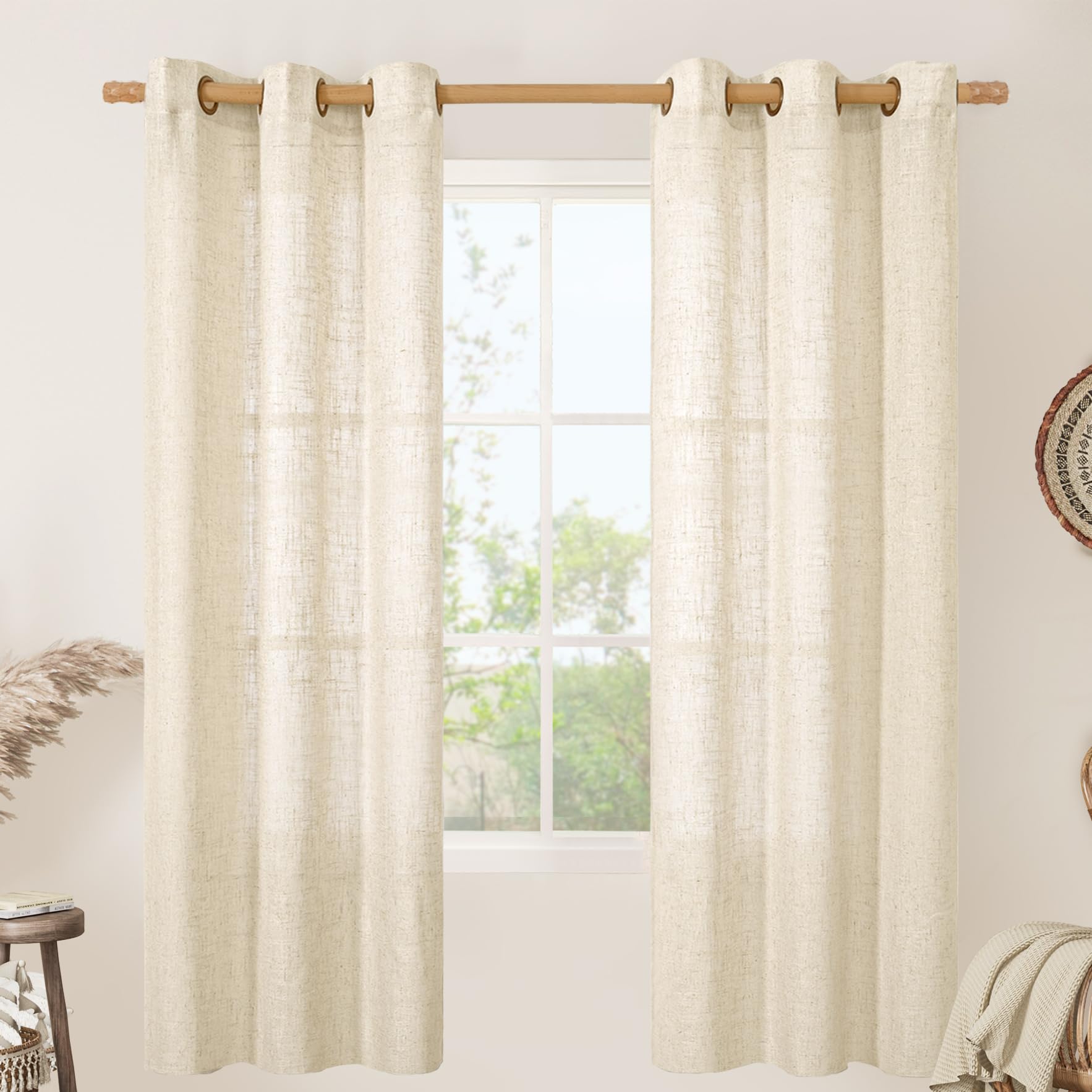 LAMIT Natural Ivory Linen Semi Sheer Curtains 84 inch Length, Cream Light Filtering Soft Thick Neutral Living Room Drapes with Bronze Grommet for Bedroom/Farmhouse, 2 Panels, 52 x 84 Inch