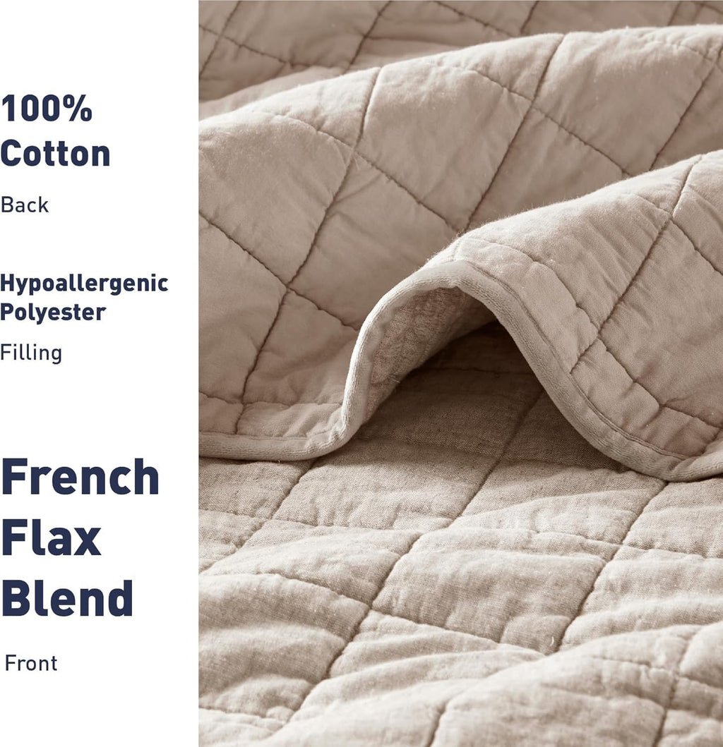 Hyde Lane Linen Quilt Set Queen Size - Breathable Box Stitched European Flax Bedding Set for Bedspread and Coverlet, with 2 Pillow Shams, 90"x96", Linen