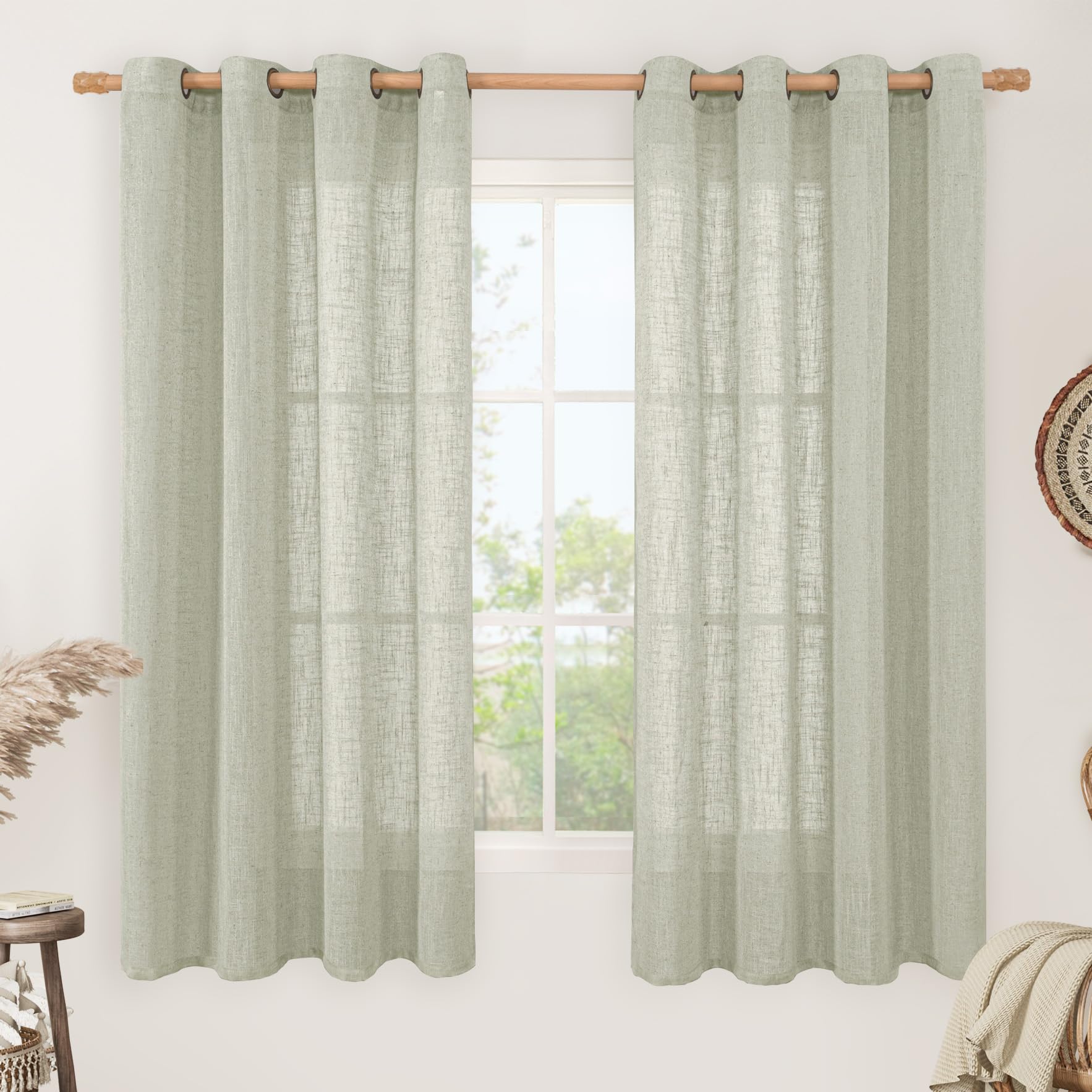 LAMIT Natural Ivory Linen Semi Sheer Curtains 84 inch Length, Cream Light Filtering Soft Thick Neutral Living Room Drapes with Bronze Grommet for Bedroom/Farmhouse, 2 Panels, 52 x 84 Inch