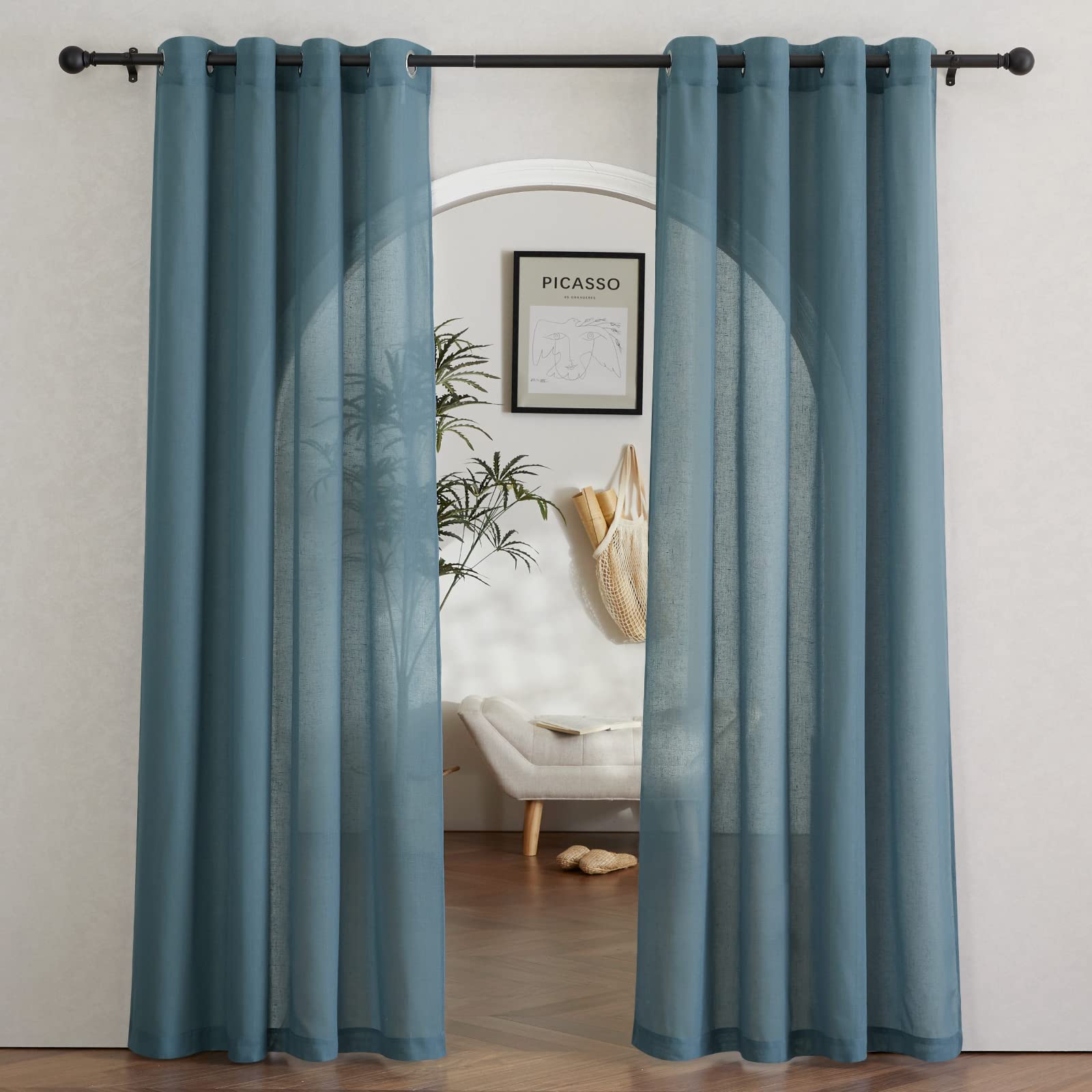 NICETOWN Semi Sheer Linen Curtains for Bedroom 84 inches Long, Grommet Privacy Vertical Farmhouse Window with Light Filtering for Living Room, Natural, W52 x L84, 2 Pieces