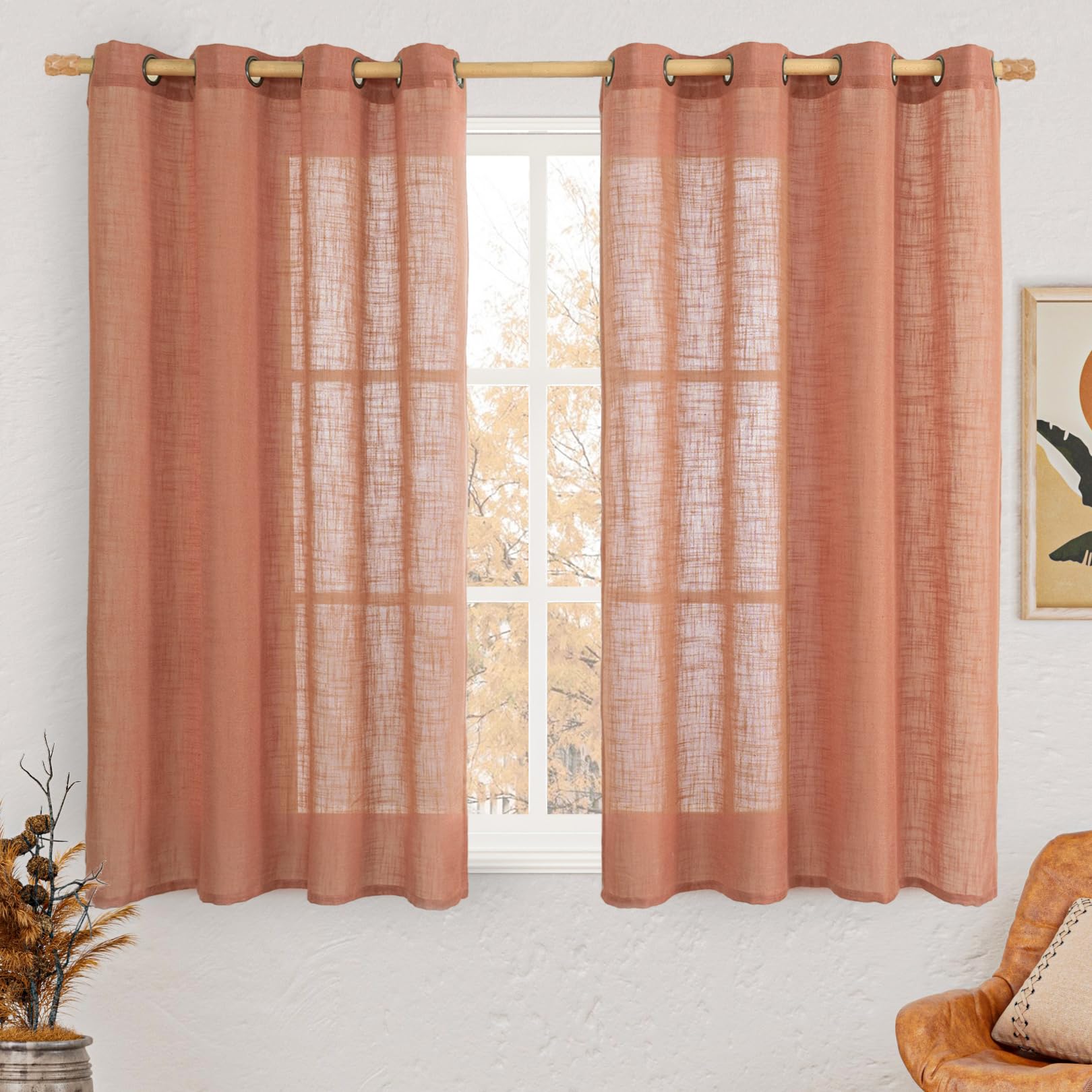 LAMIT Natural Ivory Linen Semi Sheer Curtains 84 inch Length, Cream Light Filtering Soft Thick Neutral Living Room Drapes with Bronze Grommet for Bedroom/Farmhouse, 2 Panels, 52 x 84 Inch